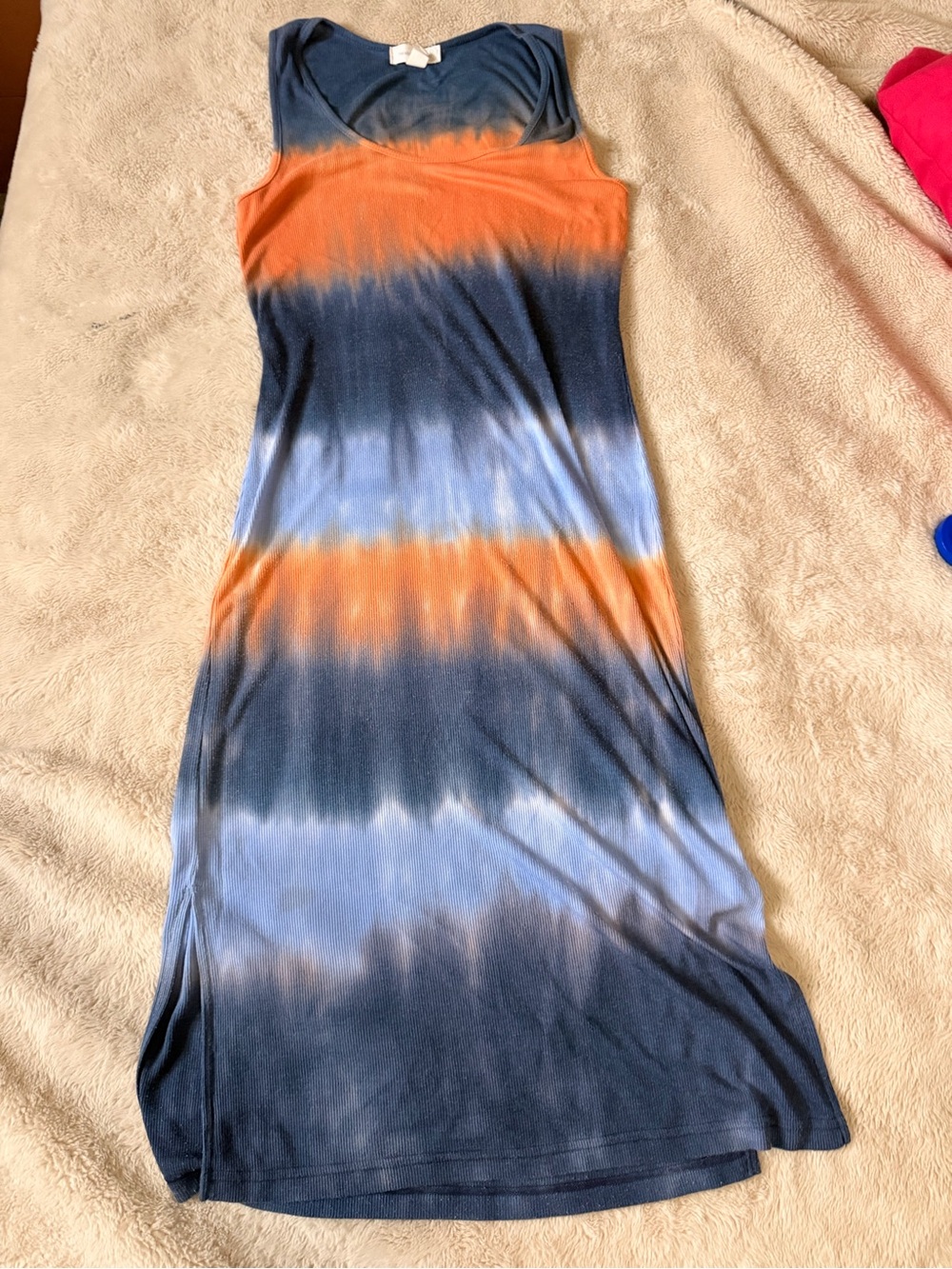 Treasure & Bond Sleeveless Tie-Dye Dress in Navy, Orange & Light Blue
